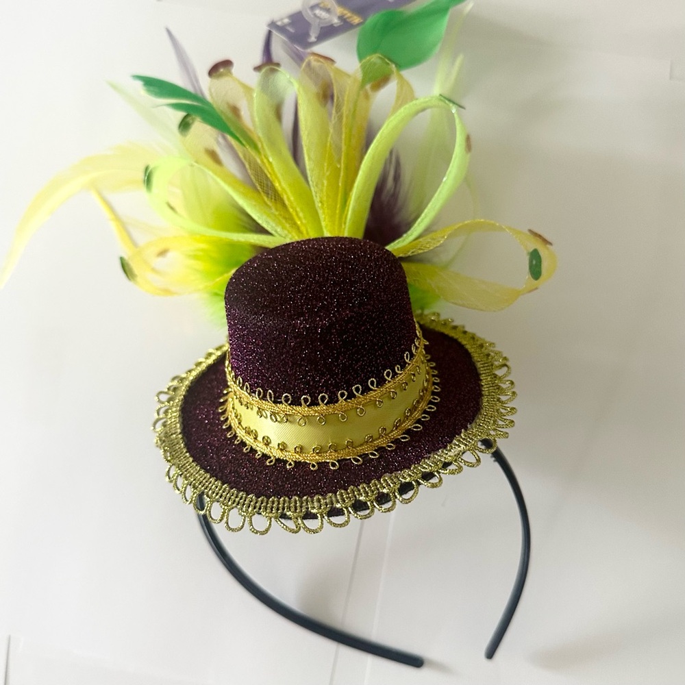 Mini Black sparkly top hat headband with colorful gems ribbon & feathers